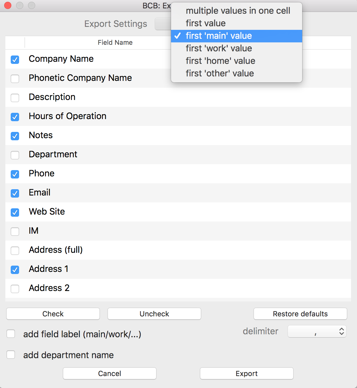 Exports contacts from Company list