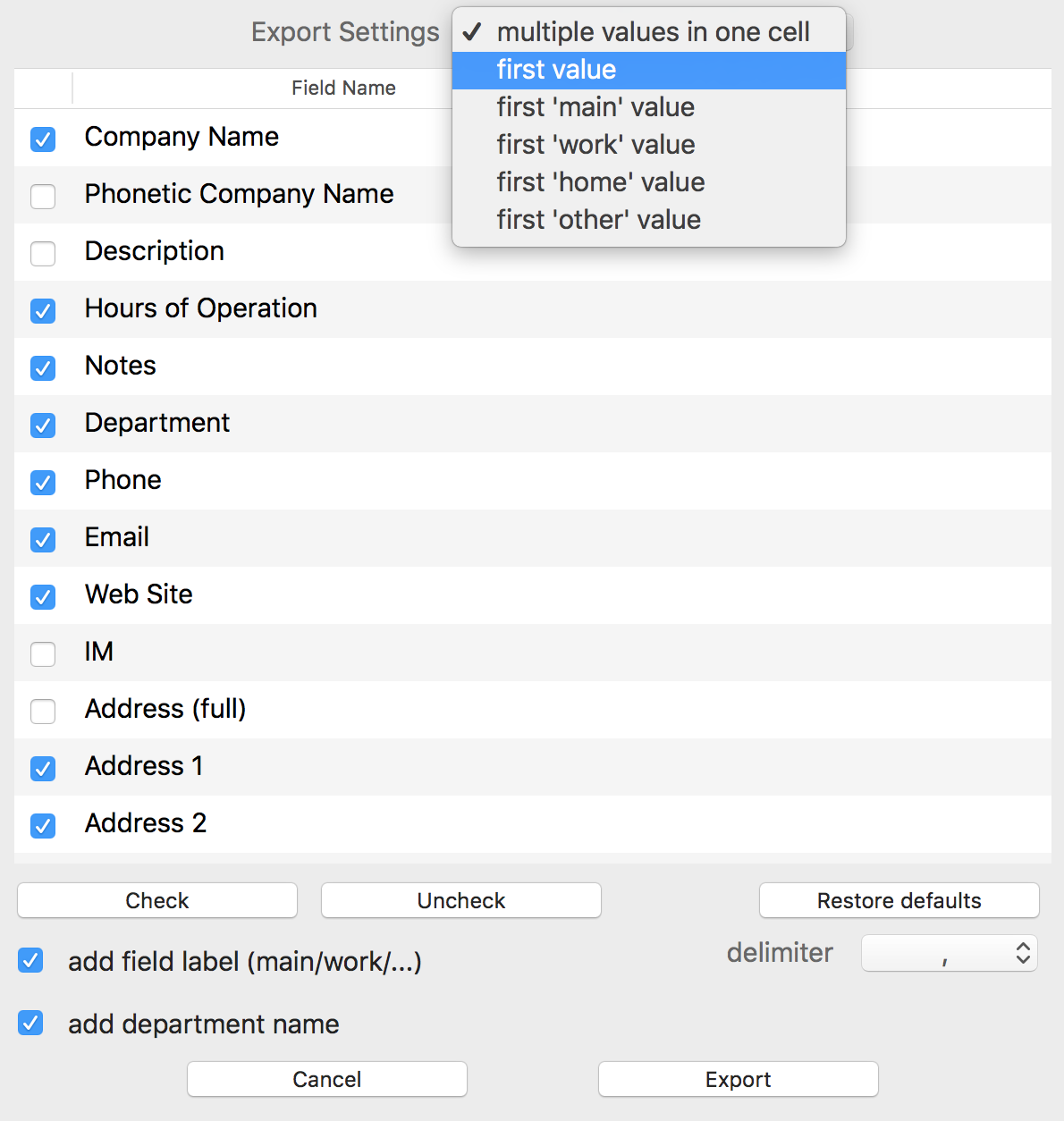 Exports contacts to csv