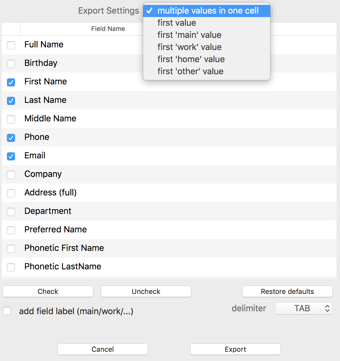 Export First Name, Last Name, Phone number and Address to csv
