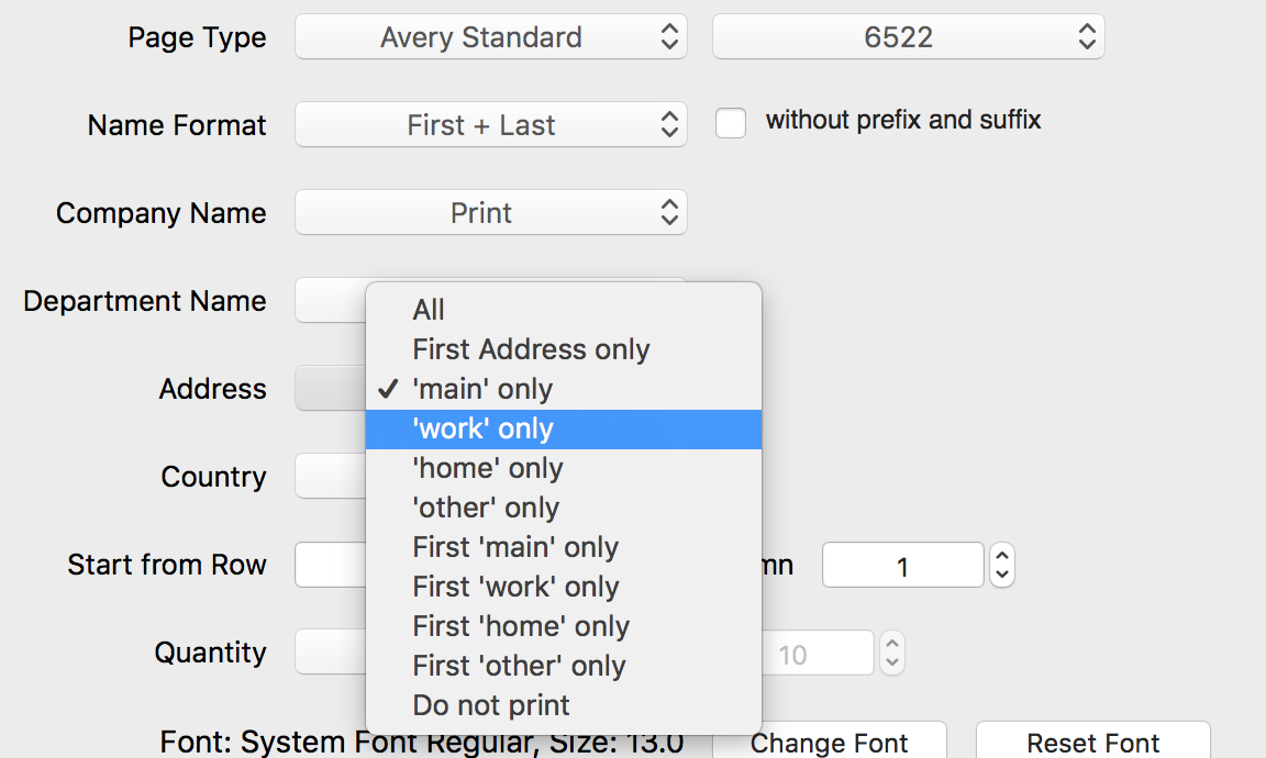 Print address on mailing labels