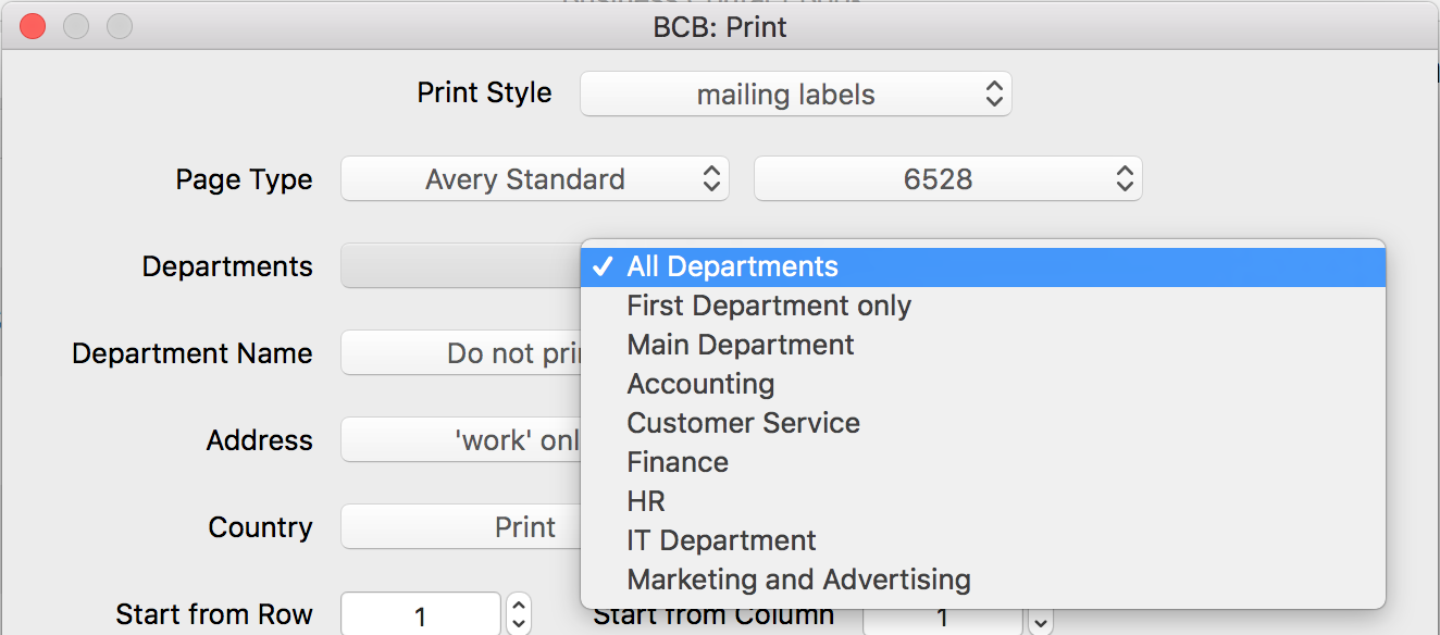 Print department information on mailing labels