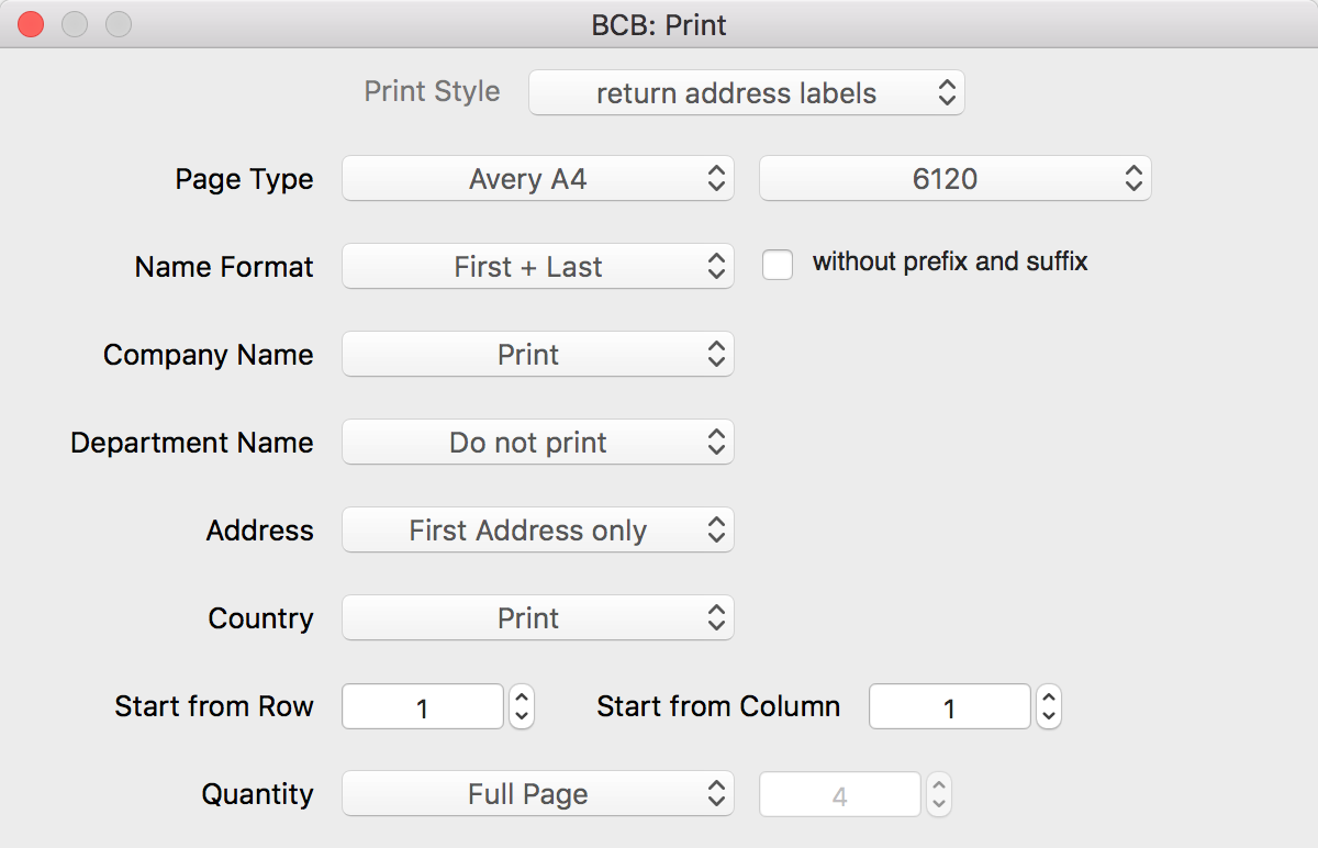 Print return address labels using partly used label sheets