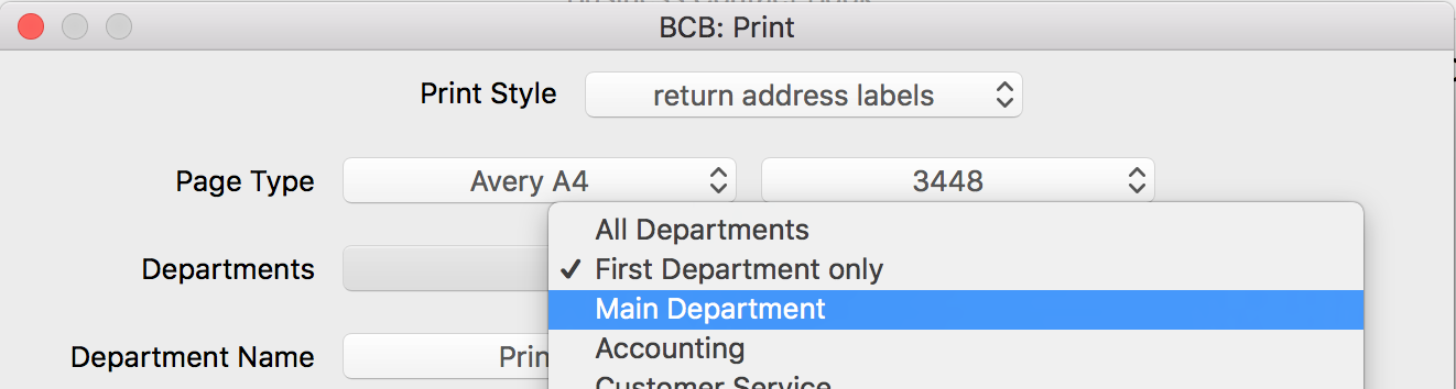 Print department information on mailing labels