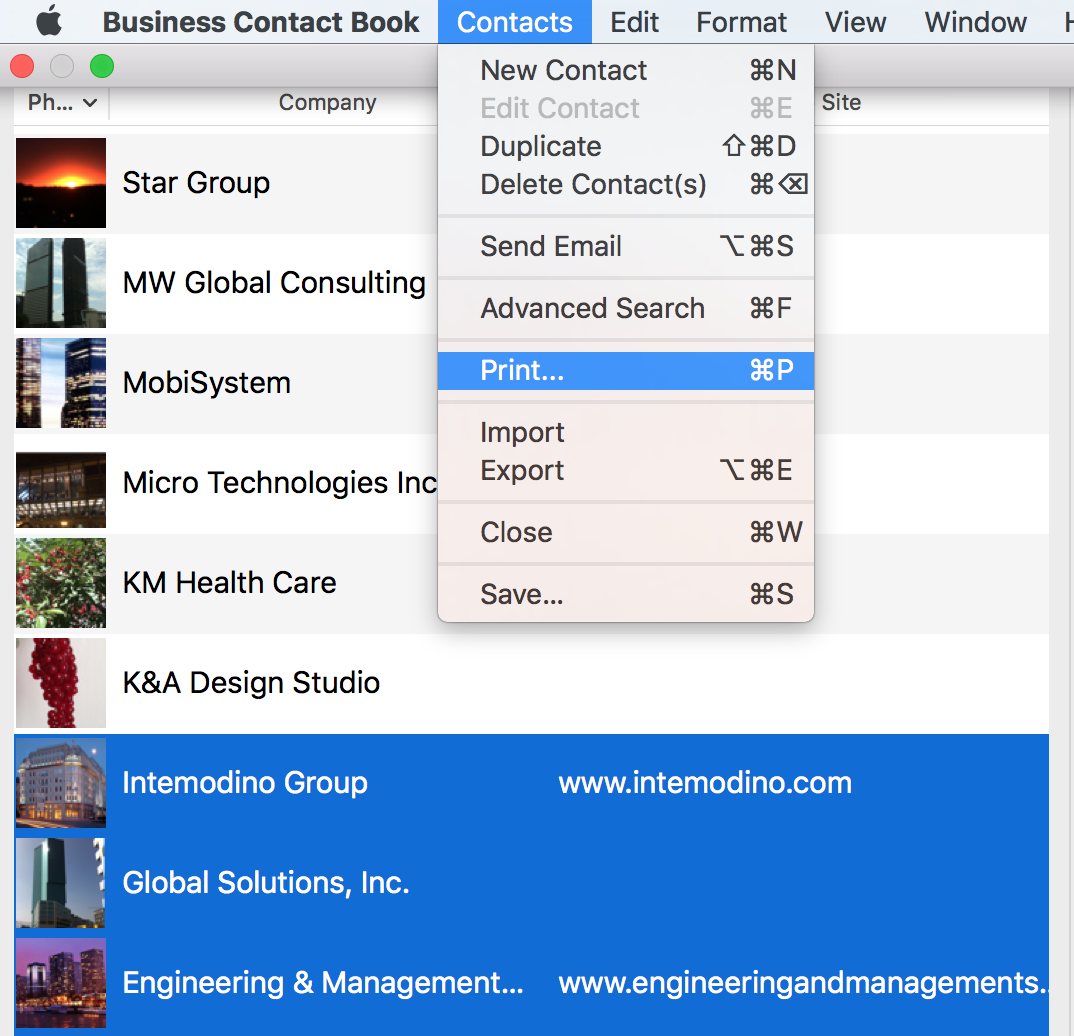 Select Contacts for Company list > Print from the top menu