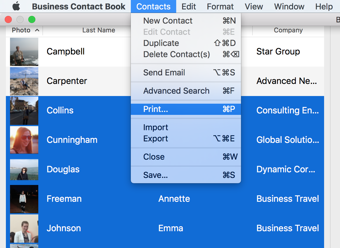 Select Contacts > Print from the top menu