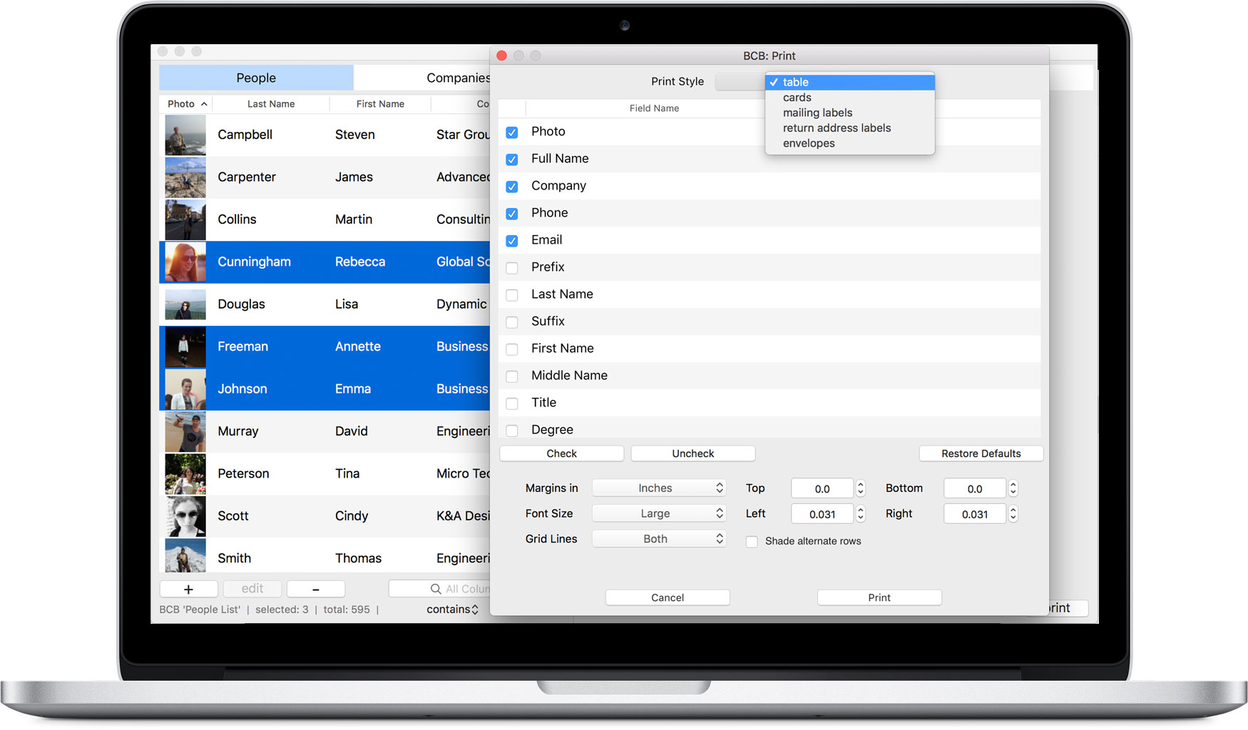 Printable Address Book, print contacts as cards and table, save to PDF