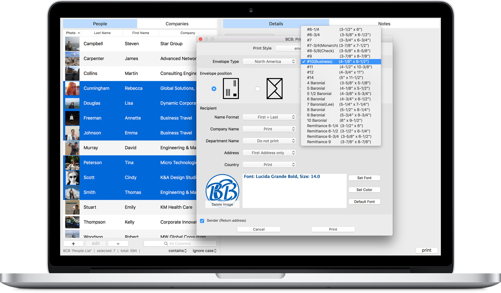 Print contacts in a table