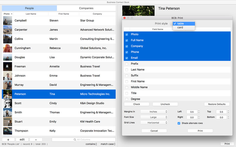 Business Contact Book - Print Contacts