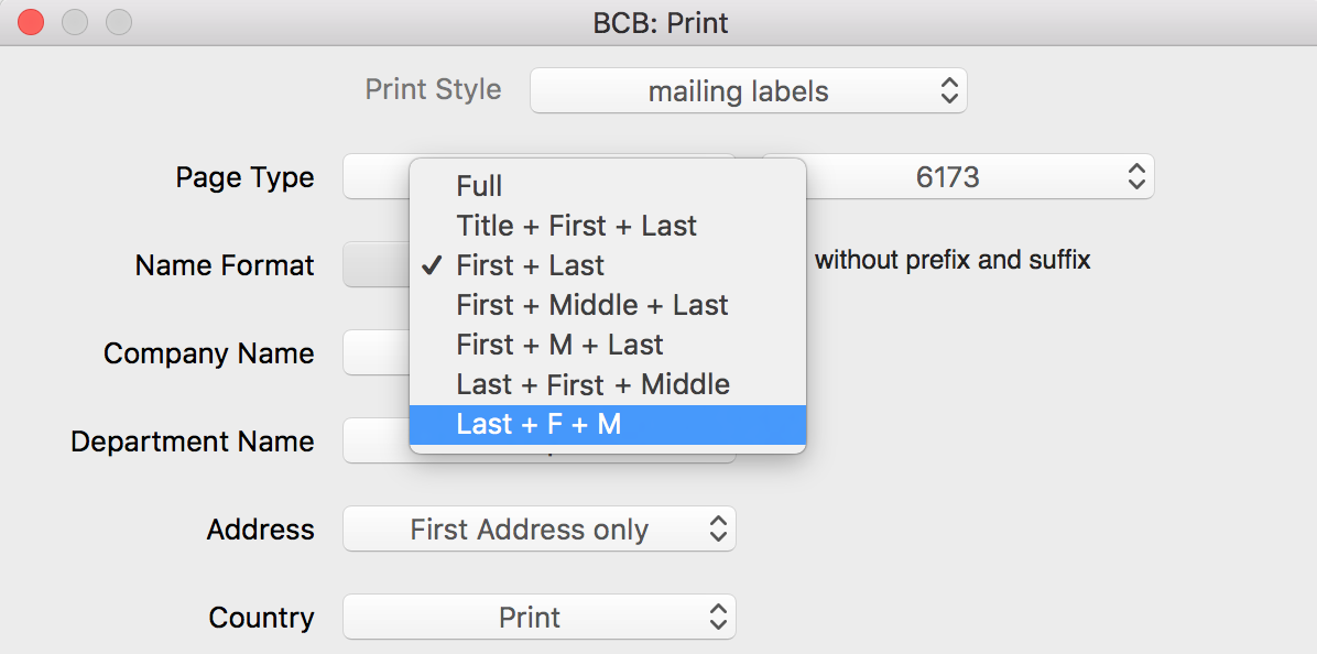 Supported name formats for mailing labels